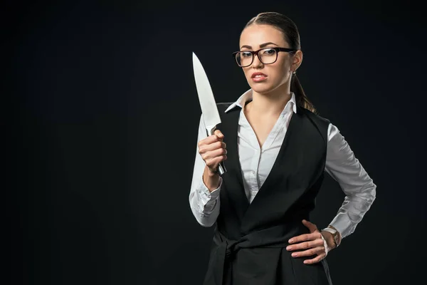 Jonge Vertrouwen Zakenvrouw Holding Mes Geïsoleerd Zwart — Stockfoto