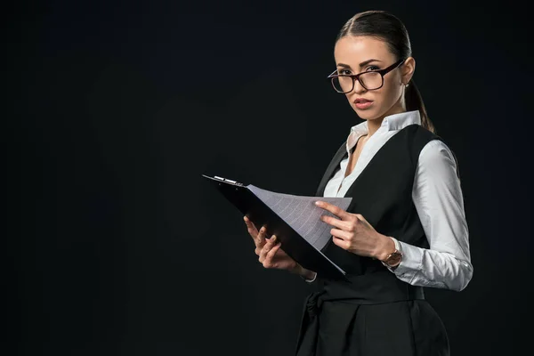 Businesswoman Working Documents Clipboard Isolated Black — Stock Photo, Image