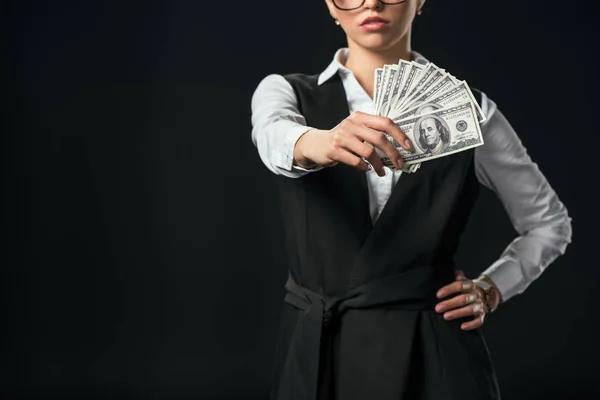 Oříznutý Pohled Podnikatelka Drží Dolarové Bankovky Izolované Černém Pozadí — Stock fotografie