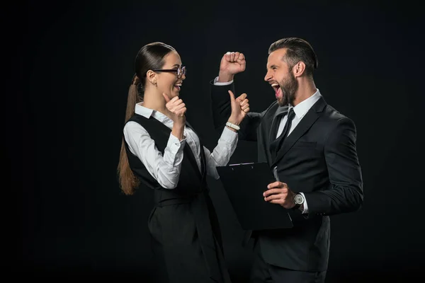 Glada Företagare Firar Triumf Isolerade Svart — Stockfoto