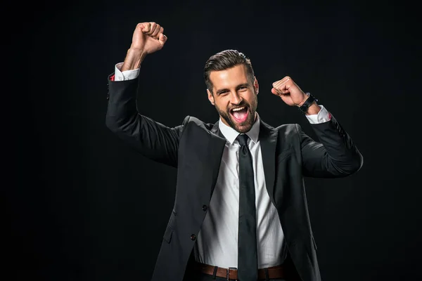 Opgewonden Van Succesvolle Zakenman Schreeuwen Vieren Geïsoleerd Zwart — Stockfoto