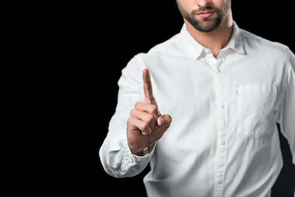 Vista Recortada Del Hombre Negocios Apuntando Hacia Arriba Aislado Negro — Foto de Stock