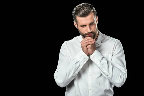 Homem Negócios Nervoso Camisa Branca Isolado Preto — Fotografia de Stock