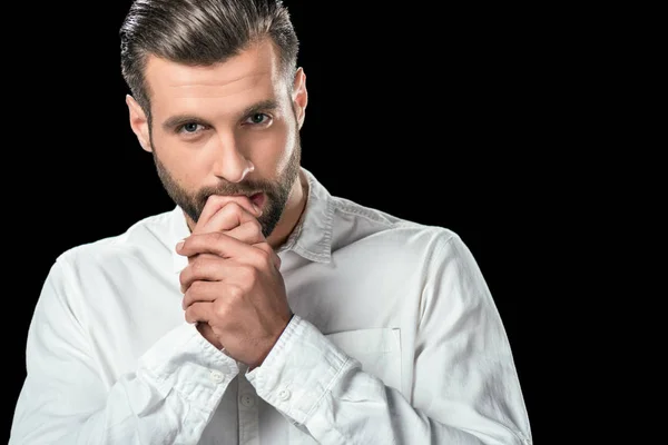 Bell Uomo Affari Nervoso Camicia Bianca Isolato Nero — Foto Stock