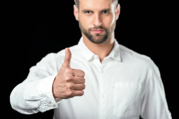 Schöner Geschäftsmann Weißem Hemd Daumen Hoch Vereinzelt Auf Schwarz — Stockfoto