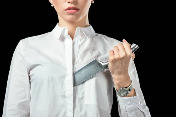 Обрізаний Вид Бізнес Леді Ножем Ізольований Чорному — Безкоштовне стокове фото