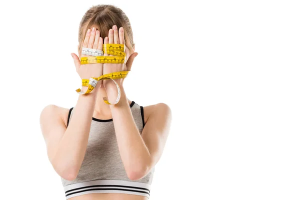 Young Woman Covering Face Hands Tied Measuring Tape Isolated White — Stock Photo, Image