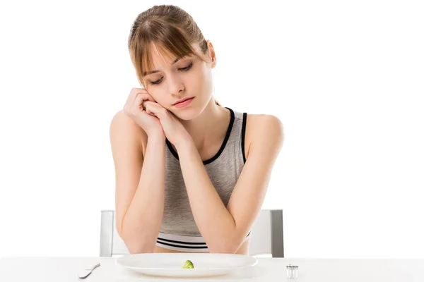 Sad Slim Woman Looking Piece Broccoli Plate Isolated White — Stock Photo, Image