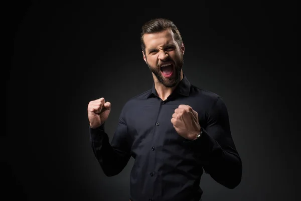 Portrait Excited Man Gesturing Isolated Black — Stock Photo, Image