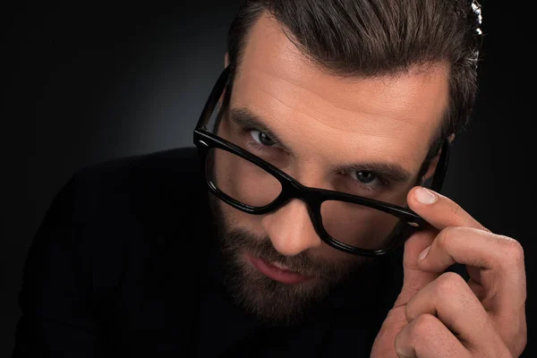 Portrait Man Eyeglasses Looking Camera Isolated Black — Stock Photo, Image