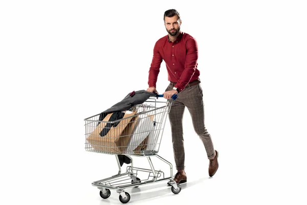 Man Shopping Cart Full Shopping Bags Jacket Isolated White — Free Stock Photo