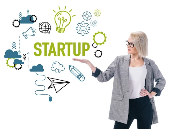 Beautiful Stylish Businesswoman Presenting Startup Icons Isolated White — Stock Photo, Image