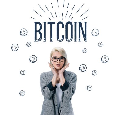 beautiful shocked businesswoman posing in formal wear, bitcoin symbol isolated on white clipart