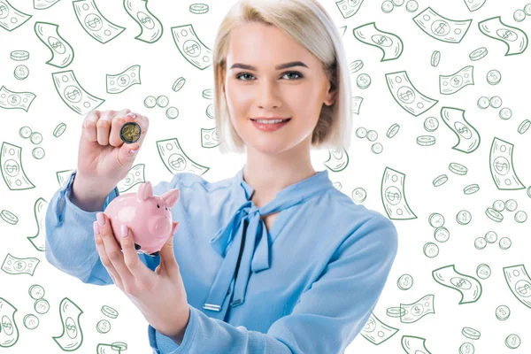 Retrato Mulher Negócios Sorridente Com Banco Porquinho Moeda Nas Mãos — Fotografia de Stock