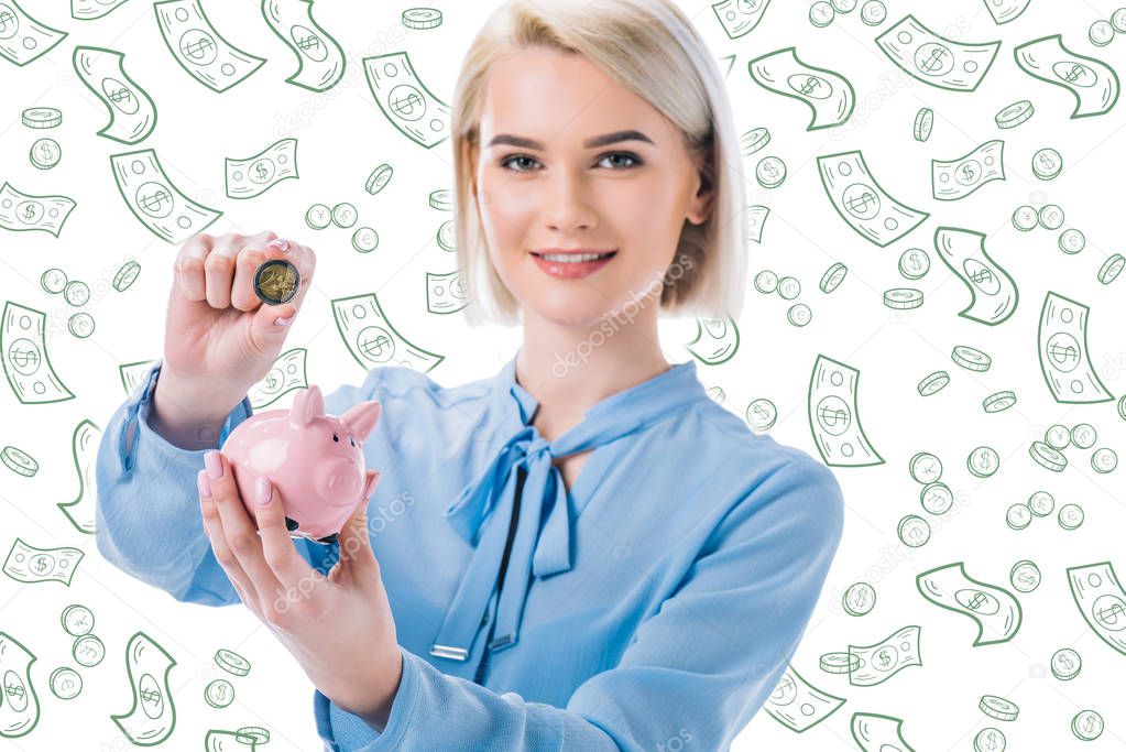 portrait of smiling businesswoman with piggy bank and coin in hands, falling dollar banknotes isolated on white