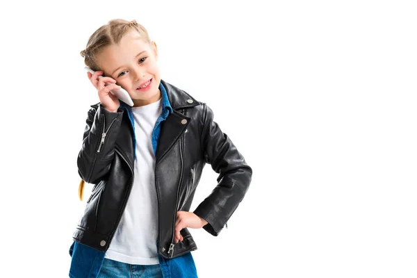 Retrato Niño Elegante Hablando Teléfono Inteligente Aislado Blanco — Foto de Stock