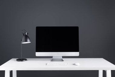 desktop computer with blank screen with keyboard and computer mouse on table  clipart