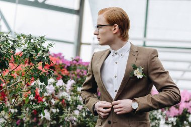 handsome young groom in eyeglasses buttoning suit jacket and looking away in botanical garden clipart
