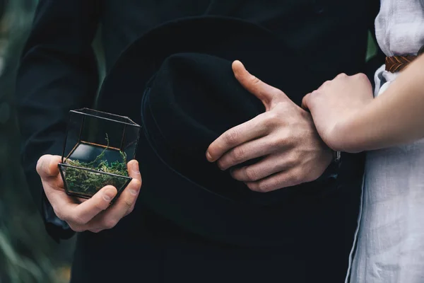 Cropped Shot Young Couple Standing Together Man Holding Jewelry Box — Stock Photo, Image