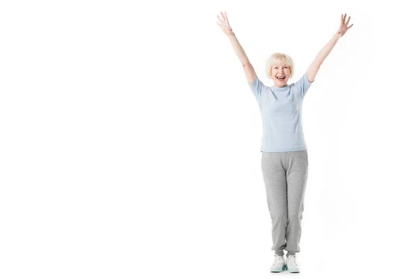 Happy Senior Sportswoman Standing Arms Isolated White — Stock Photo, Image