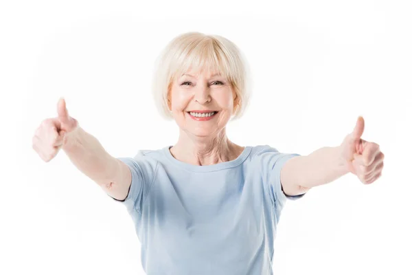 Smiling Senior Woman Showing Thumbs Isolated White — Stock Photo, Image