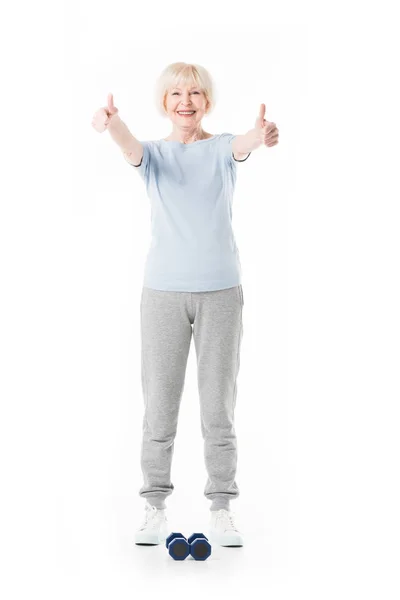 Happy Senior Sportswoman Showing Thumbs Gesture Dumbbells Floor Isolated White — Stock Photo, Image