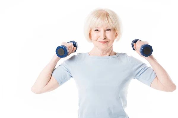 Entrenamiento Deportista Senior Con Mancuernas Aisladas Blanco — Foto de Stock