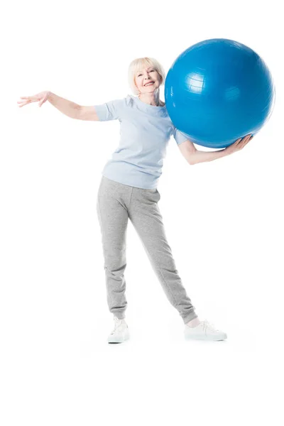 Sportive Senior Tenant Ballon Fitness Dans Une Main Isolée Sur — Photo