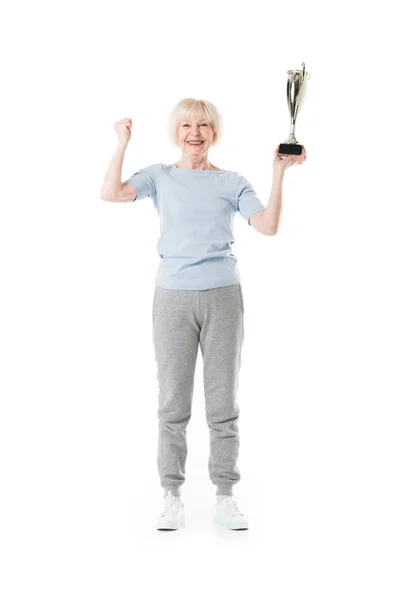 Senior Sportswoman Trophy Isolated White — Free Stock Photo