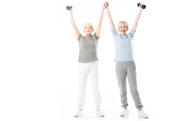 Senior Sportswomen Arms Holding Dumbbell Isolated White — Stock Photo, Image