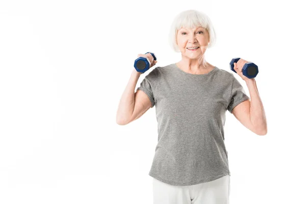 Smiling Senior Sportswoman Doing Excercise Dumbbells Isolated White — Stock Photo, Image