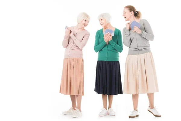 Three Stylish Women Playing Cards Isolated White — Stock Photo, Image