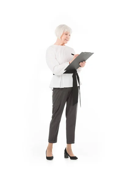 Senior Stylish Businesswoman Writing Clipboard Isolated White — Free Stock Photo