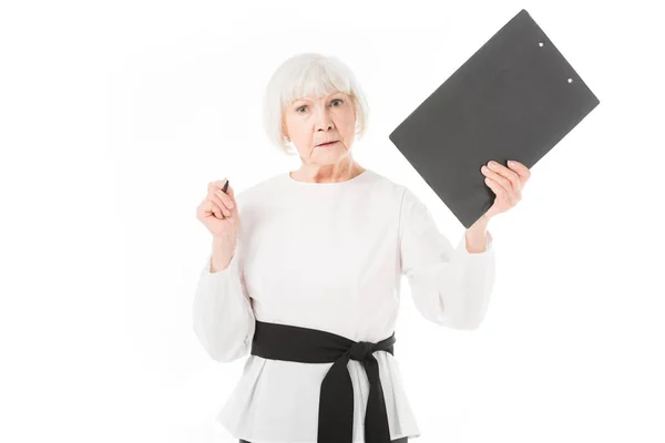 Serious Senior Businesswoman Clipboard Pen Isolated White — Free Stock Photo