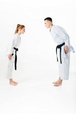 birbirlerine beyaz izole tebrik karate savaşçıları