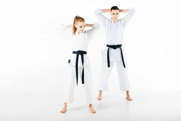 Karate Strijders Oefenen Samen Geïsoleerd Wit — Gratis stockfoto