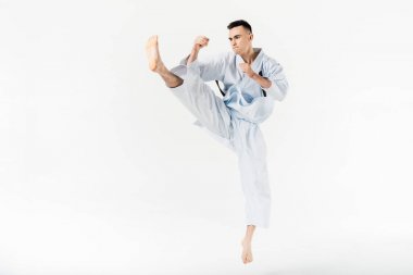 erkek karate avcı beyaz izole tekme gerçekleştirme