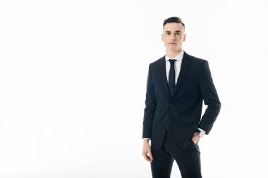 Yakışıklı işadamı beyaz izole kamera bakıyor