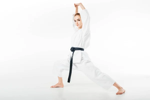 Combattente Femminile Karate Allungamento Isolato Bianco — Foto Stock