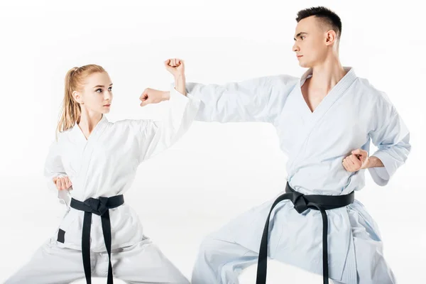 Karate Fighters Utbildning Blockera Isolerade Vit — Stockfoto
