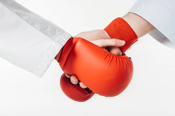 Abgeschnittenes Bild Von Karate Kämpfern Beim Händeschütteln Weißen Handschuhen — Stockfoto