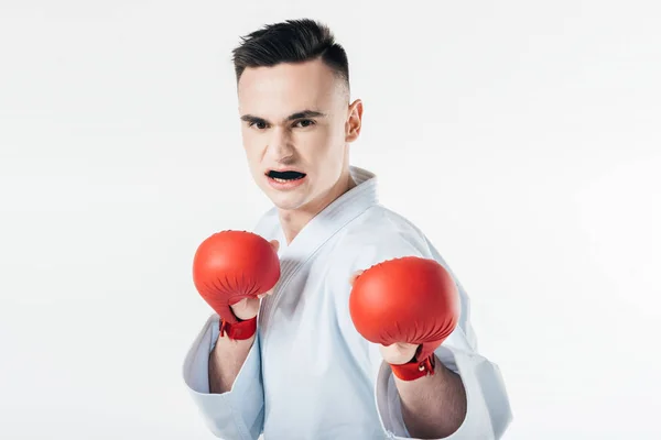 Luchador Karate Masculino Con Guantes Protector Bucal Aislado Blanco — Foto de Stock