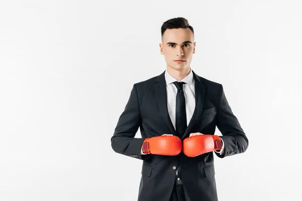 Businessman Suit Red Gloves Looking Camera Isolated White — Stock Photo, Image