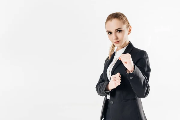 Lutador Karatê Feminino Terno Mostrando Punhos Isolados Branco — Fotografia de Stock