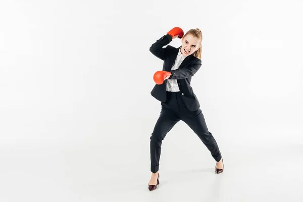 Businesswoman Screaming Pretending Fighting Suit Gloves Isolated White — Free Stock Photo