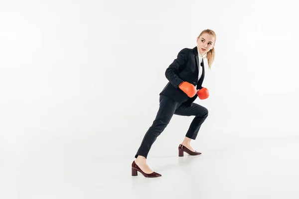 Businesswoman Suit High Heels Gloves Isolated White — Free Stock Photo