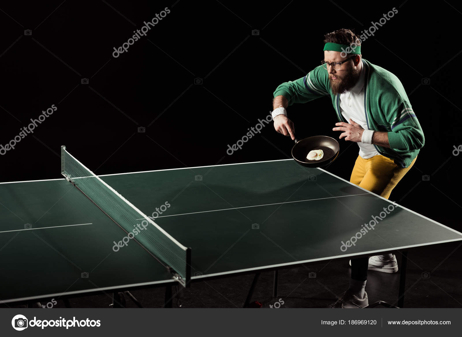 Tennis Player Frying Pan Egg Playing Table Tennis Isolated Black