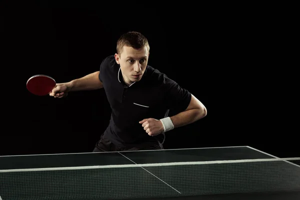 Concentrated Tennis Player Playing Table Tennis Isolated Black — Stock Photo, Image