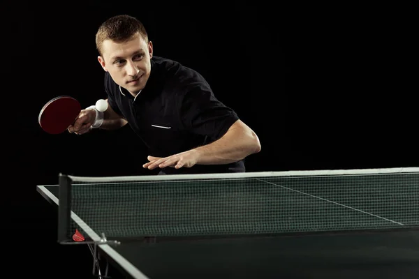 Retrato Joven Tenista Uniforme Jugando Tenis Mesa Aislado Negro —  Fotos de Stock