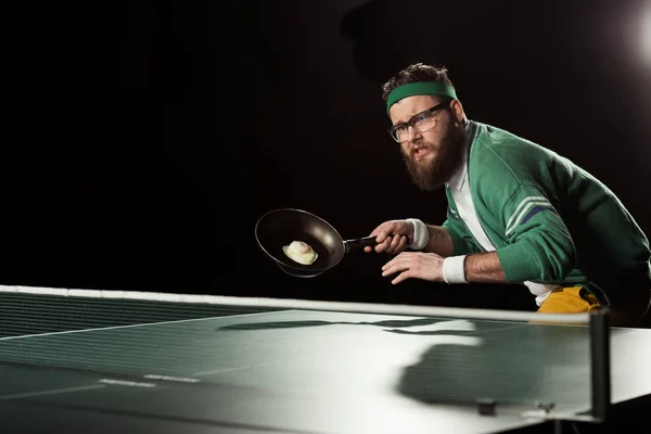 Tennis Player Frying Pan Egg Playing Table Tennis Isolated Black — Stock Photo, Image